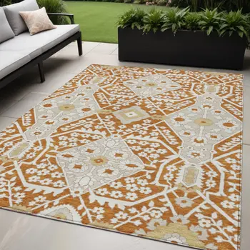 5' X 8' Orange Beige And Gold Floral Washable Indoor Outdoor Area Rug