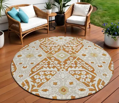 8' Orange Beige And Gold Round Floral Washable Indoor Outdoor Area Rug