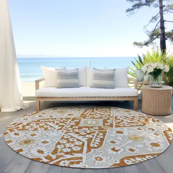 8' Orange Beige And Gold Round Floral Washable Indoor Outdoor Area Rug