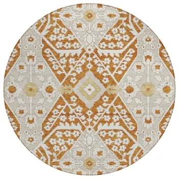 8' Orange Beige And Gold Round Floral Washable Indoor Outdoor Area Rug