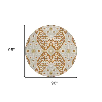 8' Orange Beige And Gold Round Floral Washable Indoor Outdoor Area Rug