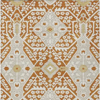 10' X 14' Orange Beige And Gold Floral Washable Indoor Outdoor Area Rug