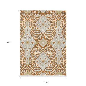 10' X 14' Orange Beige And Gold Floral Washable Indoor Outdoor Area Rug