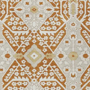 10' X 14' Orange Beige And Gold Floral Washable Indoor Outdoor Area Rug