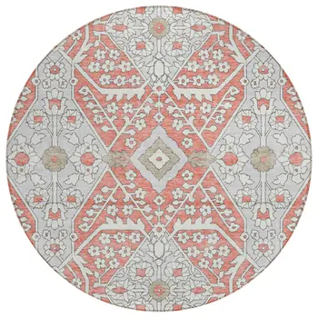 8' Salmon Gray And Taupe Round Floral Washable Indoor Outdoor Area Rug