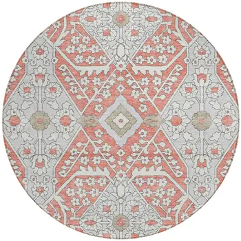 8' Salmon Gray And Taupe Round Floral Washable Indoor Outdoor Area Rug