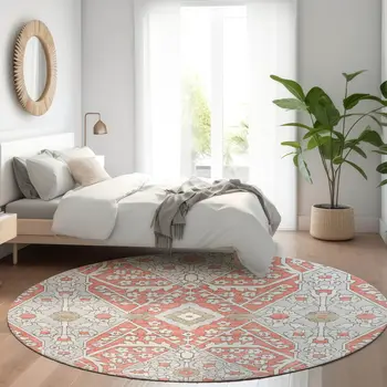 8' Salmon Gray And Taupe Round Floral Washable Indoor Outdoor Area Rug