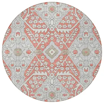 8' Salmon Gray And Taupe Round Floral Washable Indoor Outdoor Area Rug