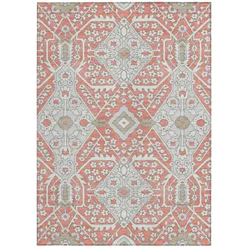 9' X 12' Salmon Gray And Taupe Floral Washable Indoor Outdoor Area Rug