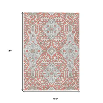 9' X 12' Salmon Gray And Taupe Floral Washable Indoor Outdoor Area Rug