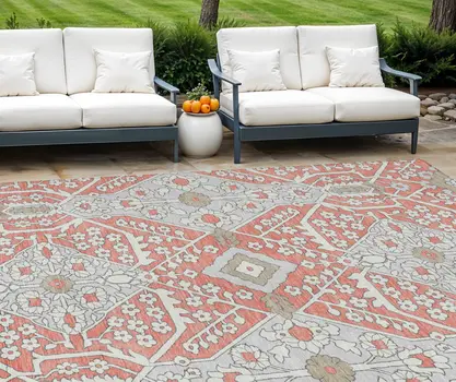 9' X 12' Salmon Gray And Taupe Floral Washable Indoor Outdoor Area Rug