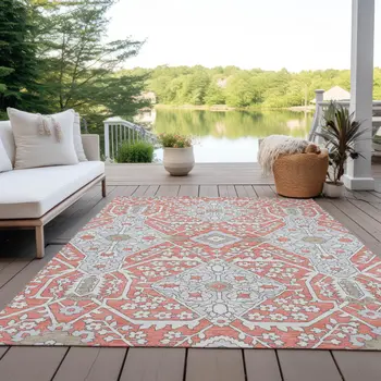 9' X 12' Salmon Gray And Taupe Floral Washable Indoor Outdoor Area Rug