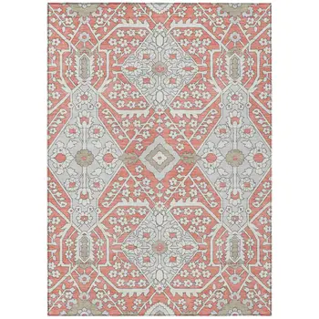 9' X 12' Salmon Gray And Taupe Floral Washable Indoor Outdoor Area Rug