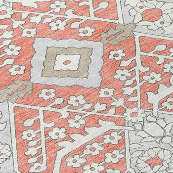 9' X 12' Salmon Gray And Taupe Floral Washable Indoor Outdoor Area Rug