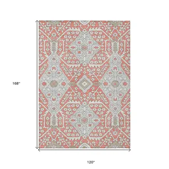 10' X 14' Salmon Gray And Taupe Floral Washable Indoor Outdoor Area Rug