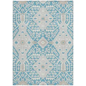 3' X 5' Teal Blue Gray And Beige Floral Washable Indoor Outdoor Area Rug