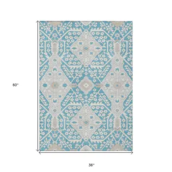 3' X 5' Teal Blue Gray And Beige Floral Washable Indoor Outdoor Area Rug
