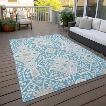 3' X 5' Teal Blue Gray And Beige Floral Washable Indoor Outdoor Area Rug