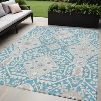 5' X 8' Teal Blue Gray And Beige Floral Washable Indoor Outdoor Area Rug