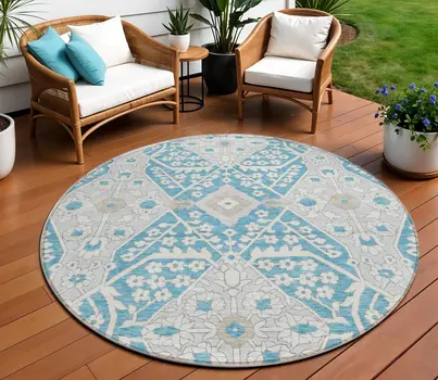 8' Teal Blue Gray And Beige Round Floral Washable Indoor Outdoor Area Rug