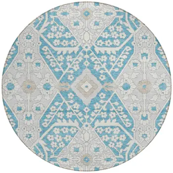 8' Teal Blue Gray And Beige Round Floral Washable Indoor Outdoor Area Rug