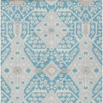 8' X 10' Teal Blue Gray And Beige Floral Washable Indoor Outdoor Area Rug