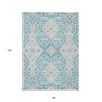 8' X 10' Teal Blue Gray And Beige Floral Washable Indoor Outdoor Area Rug