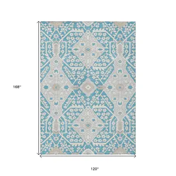 10' X 14' Teal Blue Gray And Beige Floral Washable Indoor Outdoor Area Rug