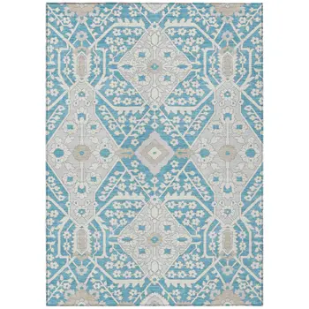 10' X 14' Teal Blue Gray And Beige Floral Washable Indoor Outdoor Area Rug
