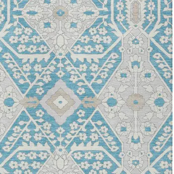 10' X 14' Teal Blue Gray And Beige Floral Washable Indoor Outdoor Area Rug