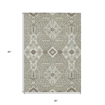 3' X 5' Taupe Beige And Ivory Floral Washable Indoor Outdoor Area Rug