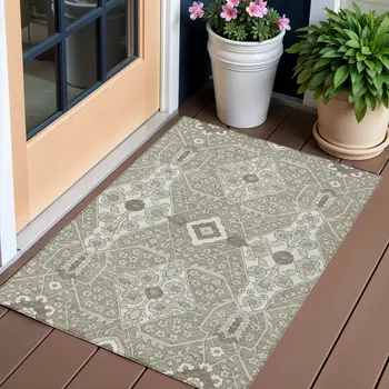 3' X 5' Taupe Beige And Ivory Floral Washable Indoor Outdoor Area Rug