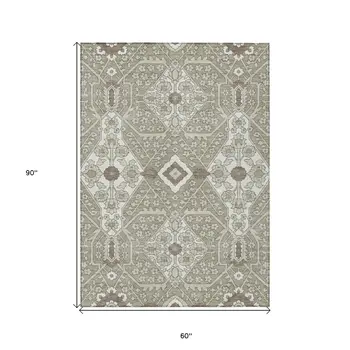 5' X 8' Taupe Beige And Ivory Floral Washable Indoor Outdoor Area Rug
