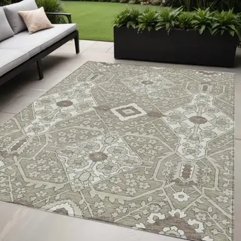5' X 8' Taupe Beige And Ivory Floral Washable Indoor Outdoor Area Rug