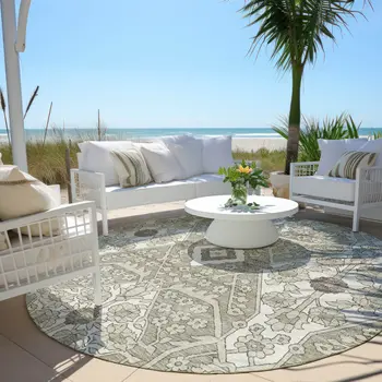 8' Taupe Beige And Ivory Round Floral Washable Indoor Outdoor Area Rug