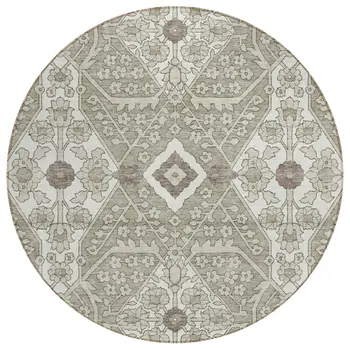 8' Taupe Beige And Ivory Round Floral Washable Indoor Outdoor Area Rug