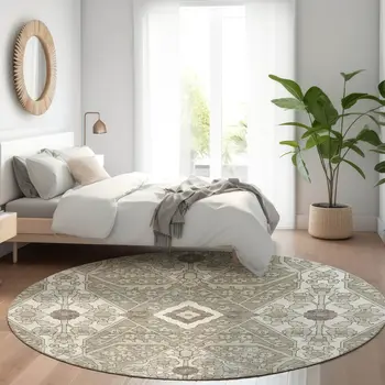 8' Taupe Beige And Ivory Round Floral Washable Indoor Outdoor Area Rug