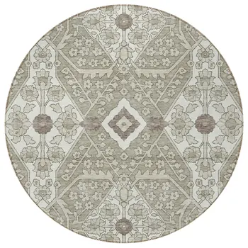 8' Taupe Beige And Ivory Round Floral Washable Indoor Outdoor Area Rug