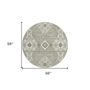 8' Taupe Beige And Ivory Round Floral Washable Indoor Outdoor Area Rug