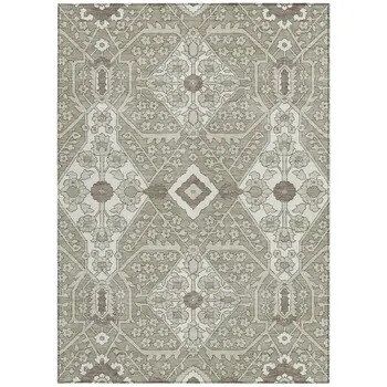 9' X 12' Taupe Beige And Ivory Floral Washable Indoor Outdoor Area Rug