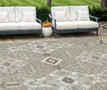 9' X 12' Taupe Beige And Ivory Floral Washable Indoor Outdoor Area Rug