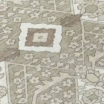 9' X 12' Taupe Beige And Ivory Floral Washable Indoor Outdoor Area Rug