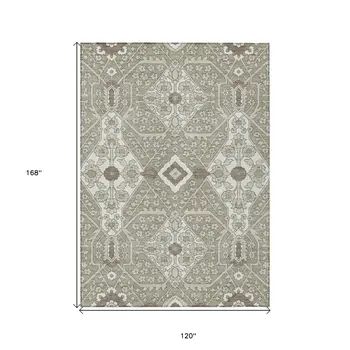 10' X 14' Taupe Beige And Ivory Floral Washable Indoor Outdoor Area Rug