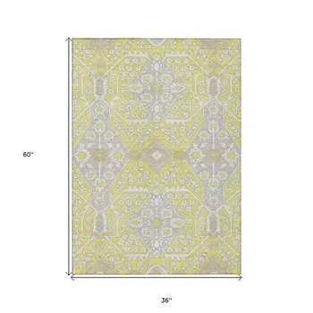 3' X 5' Yellow Ivory And Beige Floral Washable Indoor Outdoor Area Rug