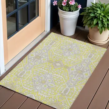 3' X 5' Yellow Ivory And Beige Floral Washable Indoor Outdoor Area Rug