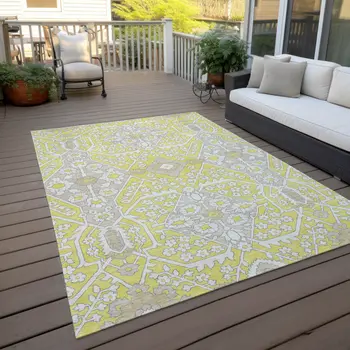 3' X 5' Yellow Ivory And Beige Floral Washable Indoor Outdoor Area Rug