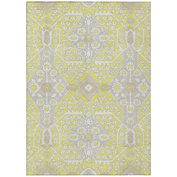 3' X 5' Yellow Ivory And Beige Floral Washable Indoor Outdoor Area Rug