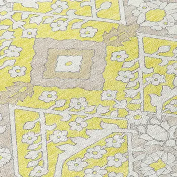 3' X 5' Yellow Ivory And Beige Floral Washable Indoor Outdoor Area Rug