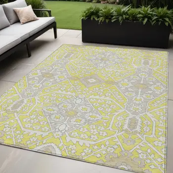 5' X 8' Yellow Ivory And Beige Floral Washable Indoor Outdoor Area Rug