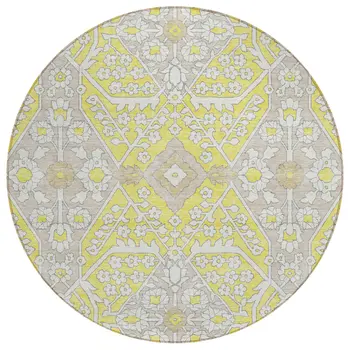 8' Yellow Ivory And Beige Round Floral Washable Indoor Outdoor Area Rug
